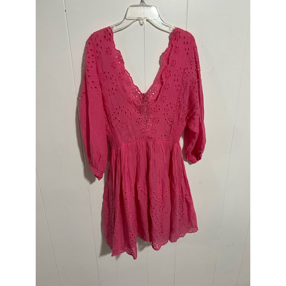 Women's Free People Bubblegum Pink Lottie Eyelet Mini Dress size M - Picture 3 of 10